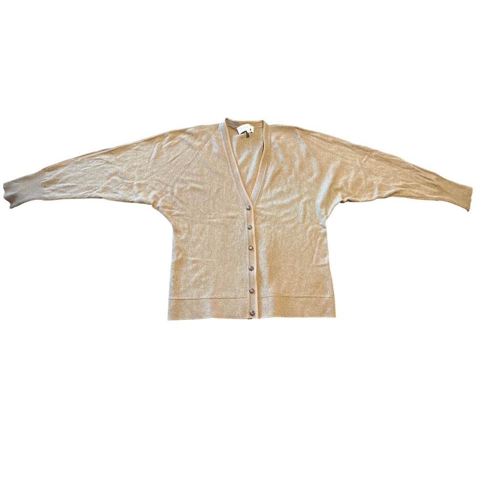 Escada Cashmere Silk Wool Cardigan Tan Batwing Sleeve Leather Trim Italy Size 36